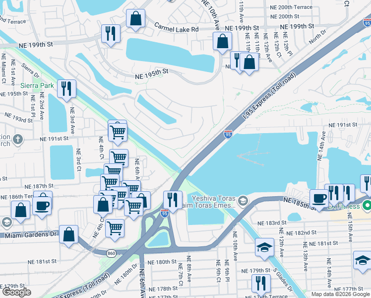map of restaurants, bars, coffee shops, grocery stores, and more near 804 Northeast 191st Street in Miami