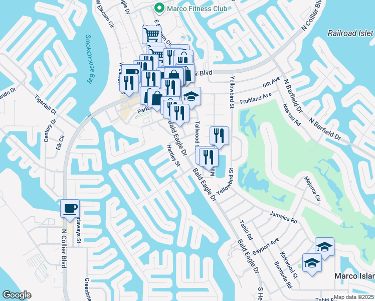 map of restaurants, bars, coffee shops, grocery stores, and more near 494 Tallwood Street in Marco Island