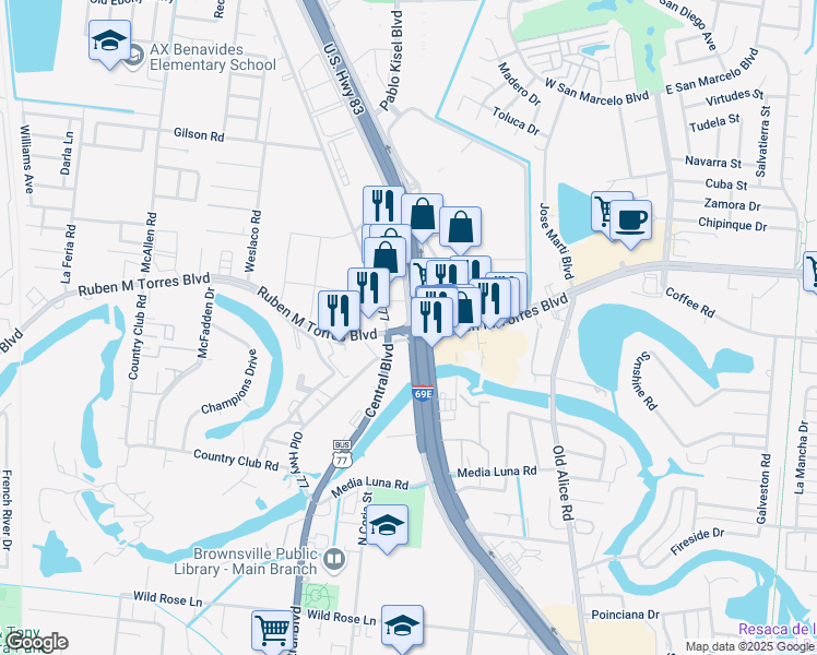 map of restaurants, bars, coffee shops, grocery stores, and more near 650 Ruben M Torres Boulevard in Brownsville