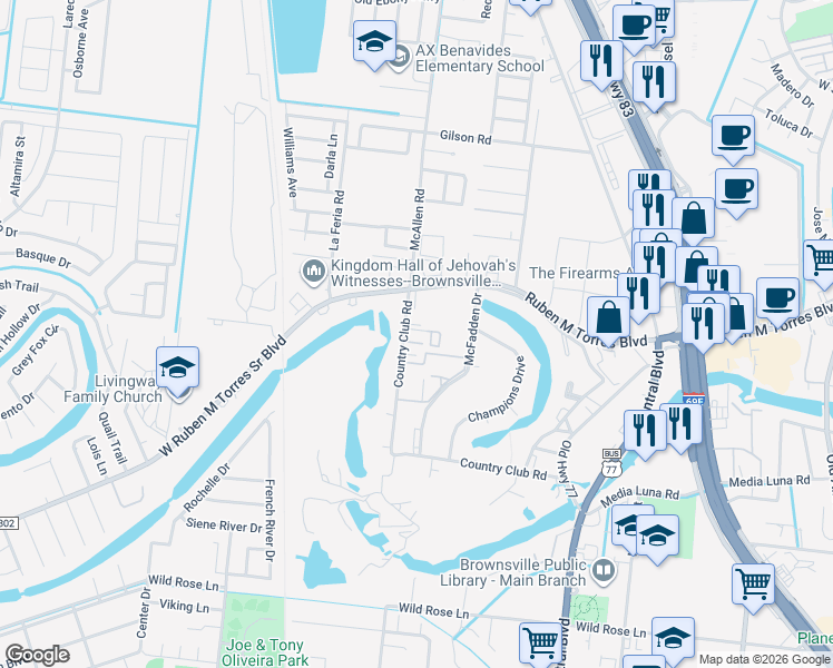 map of restaurants, bars, coffee shops, grocery stores, and more near 396 Ruben Torres Sr Boulevard in Brownsville