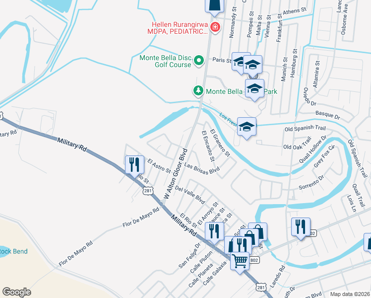 map of restaurants, bars, coffee shops, grocery stores, and more near 2245 West Alton Gloor Boulevard in Brownsville