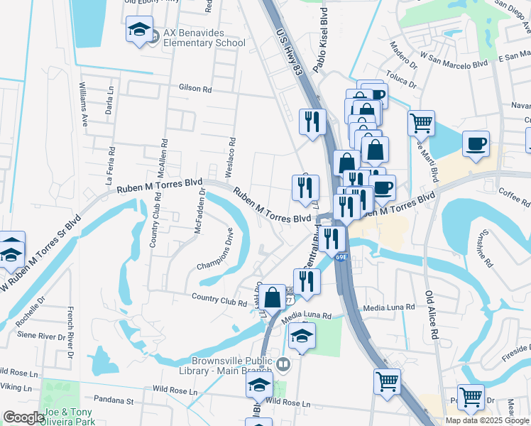 map of restaurants, bars, coffee shops, grocery stores, and more near 811 Ruben M Torres Boulevard in Brownsville