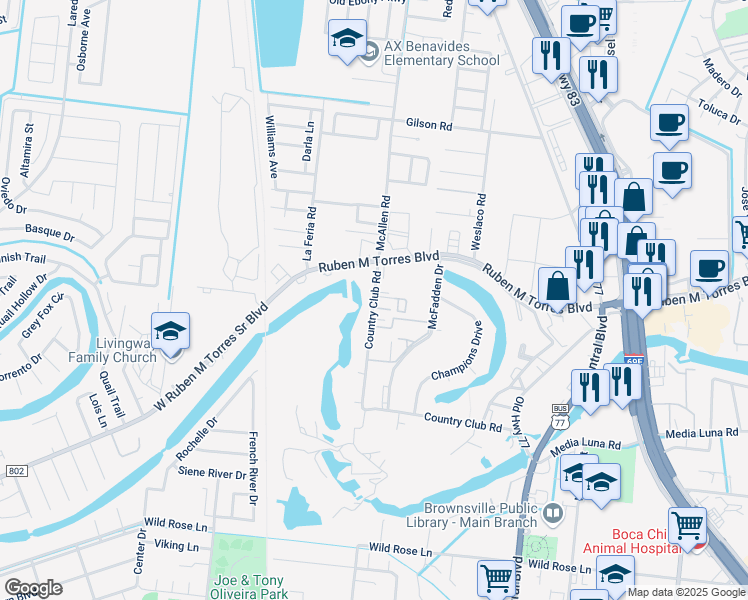 map of restaurants, bars, coffee shops, grocery stores, and more near 54 Country Club Road in Brownsville