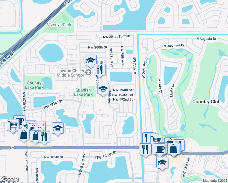 map of restaurants, bars, coffee shops, grocery stores, and more near 7852 Northwest 194th Terrace in Hialeah