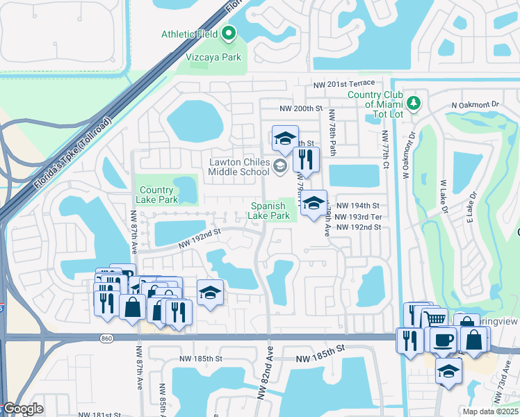 map of restaurants, bars, coffee shops, grocery stores, and more near 19415 Northwest 82nd Place in Hialeah