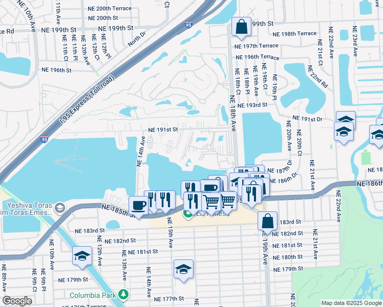 map of restaurants, bars, coffee shops, grocery stores, and more near 1690 Northeast 191st Street in North Miami Beach