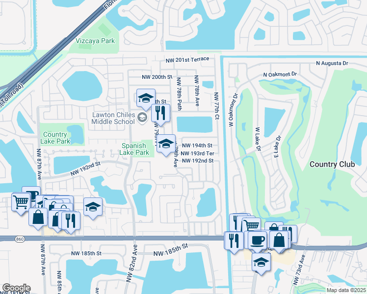 map of restaurants, bars, coffee shops, grocery stores, and more near 7852 Northwest 194th Terrace in Hialeah