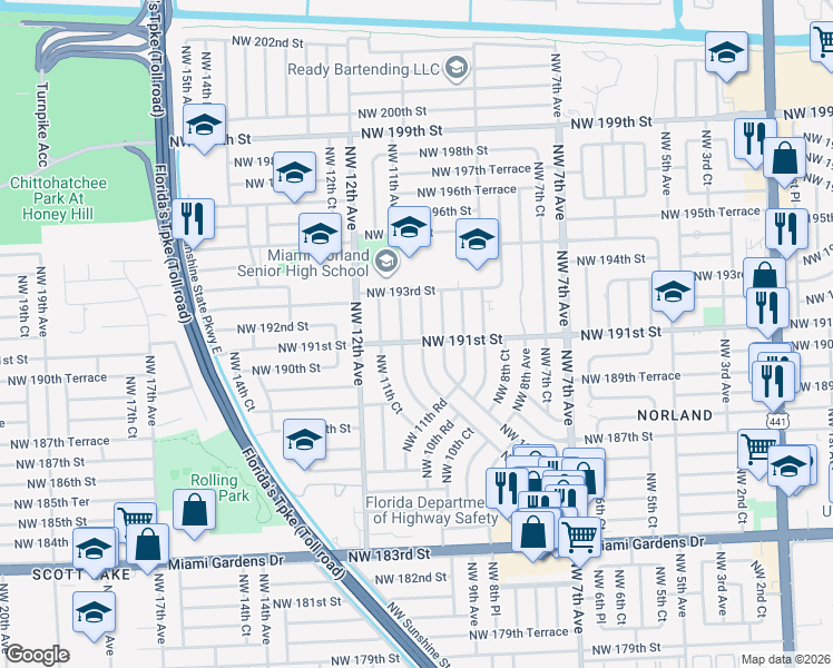 map of restaurants, bars, coffee shops, grocery stores, and more near 19130 Northwest 11th Avenue in Miami