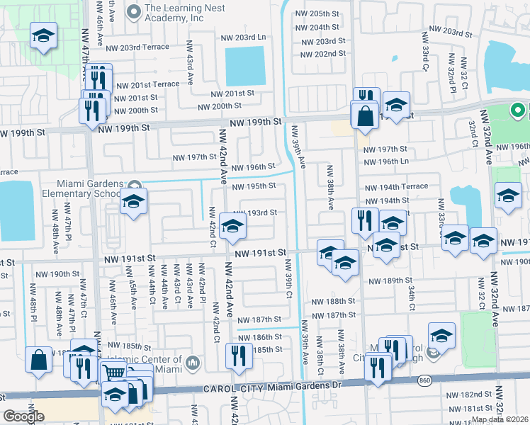 map of restaurants, bars, coffee shops, grocery stores, and more near 4000 Northwest 194th Street in Miami Gardens