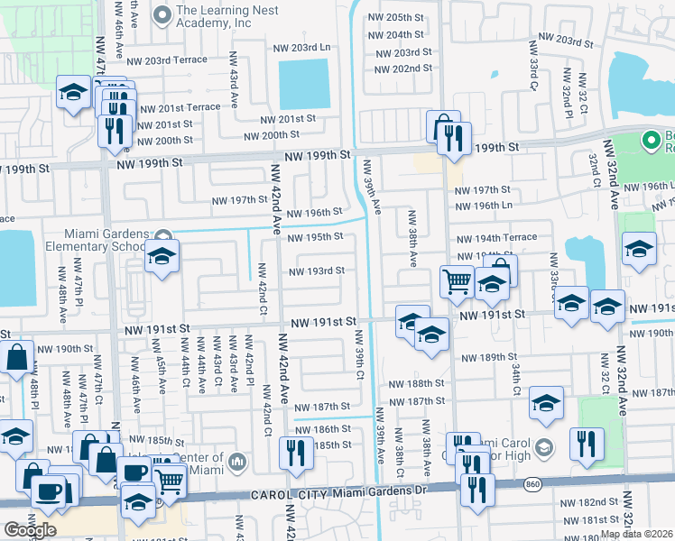 map of restaurants, bars, coffee shops, grocery stores, and more near 3920 Northwest 194th Street in Miami Gardens