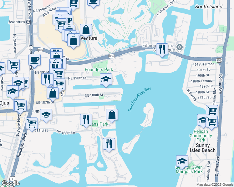 map of restaurants, bars, coffee shops, grocery stores, and more near 3373 Northeast 188th Street in Miami