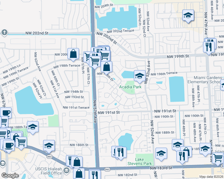 map of restaurants, bars, coffee shops, grocery stores, and more near 5560 Northwest 194th Lane in Miami Gardens