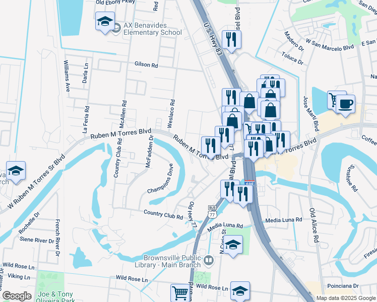 map of restaurants, bars, coffee shops, grocery stores, and more near in Brownsville