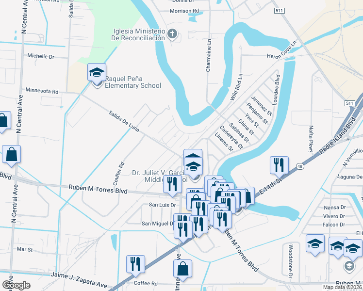 map of restaurants, bars, coffee shops, grocery stores, and more near 5318 Cocoa Beach Court in Brownsville