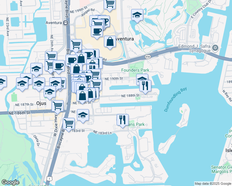 map of restaurants, bars, coffee shops, grocery stores, and more near 3029 Northeast 188th Street in Aventura