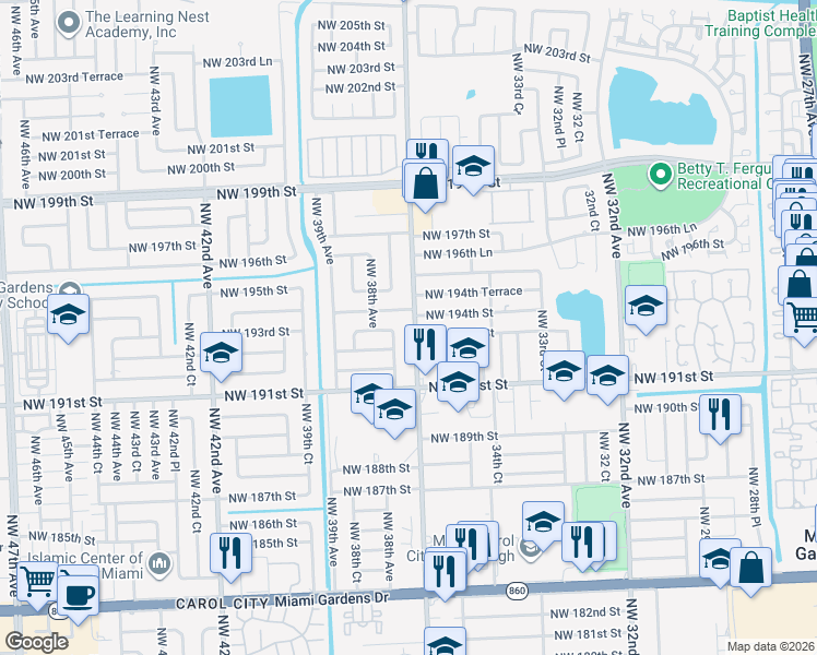 map of restaurants, bars, coffee shops, grocery stores, and more near in Miami Gardens