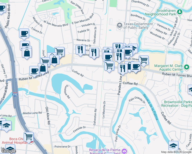 map of restaurants, bars, coffee shops, grocery stores, and more near 1765 Coffee Port Road in Brownsville