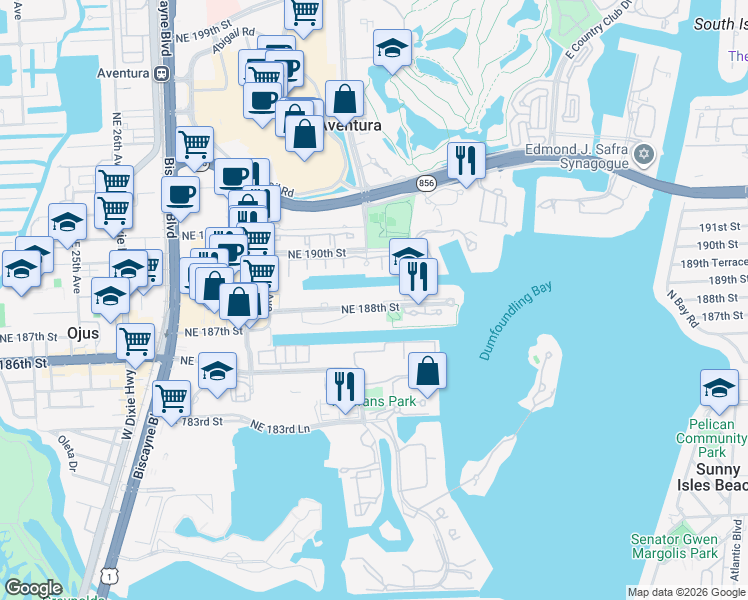 map of restaurants, bars, coffee shops, grocery stores, and more near 3205 Northeast 188th Street in Miami