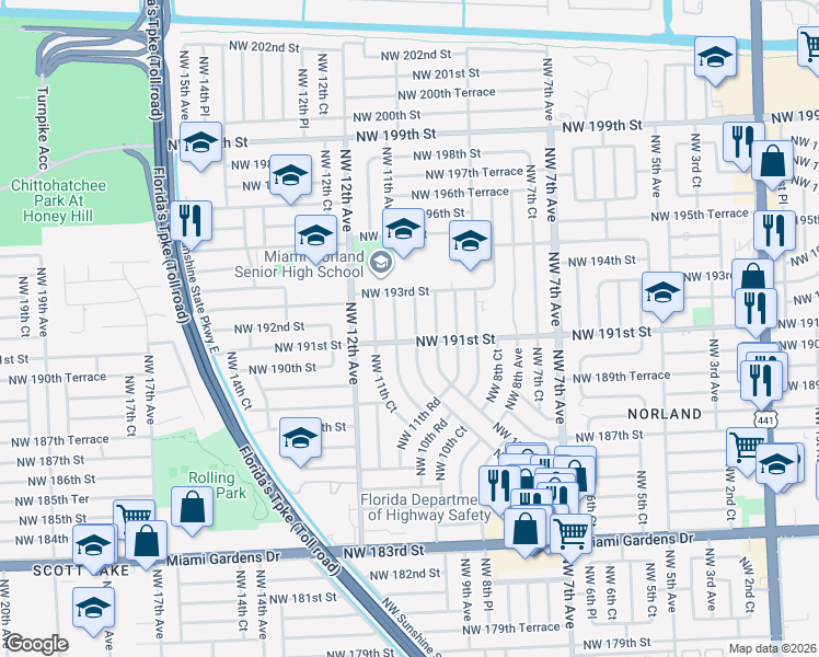 map of restaurants, bars, coffee shops, grocery stores, and more near 19130 Northwest 11th Avenue in Miami