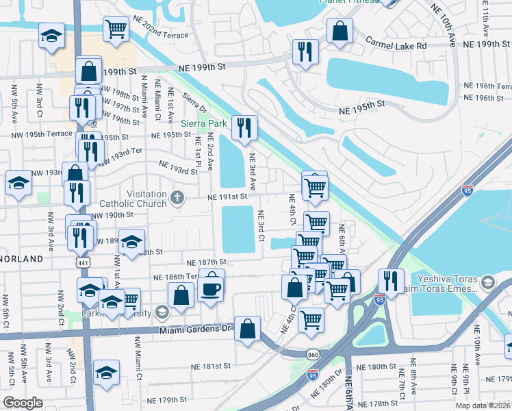 map of restaurants, bars, coffee shops, grocery stores, and more near 19080 Northeast 3rd Court in North Miami Beach