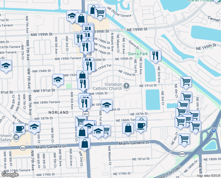 map of restaurants, bars, coffee shops, grocery stores, and more near 32 Northwest 191st Street in Miami Gardens