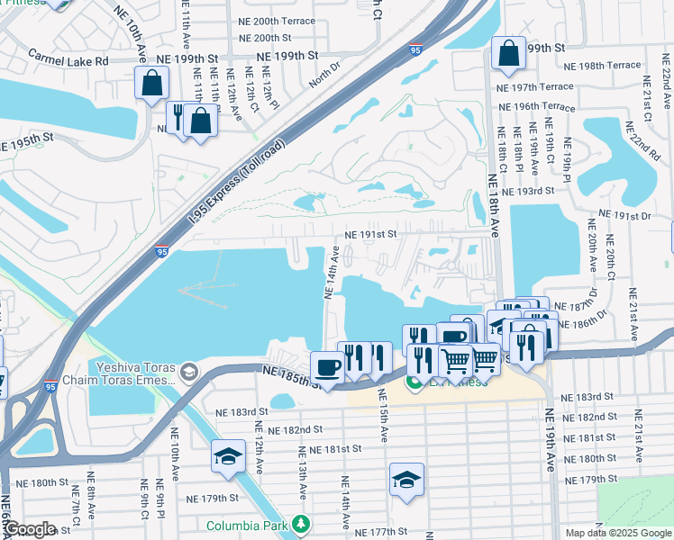 map of restaurants, bars, coffee shops, grocery stores, and more near 18900 Northeast 14th Avenue in North Miami Beach