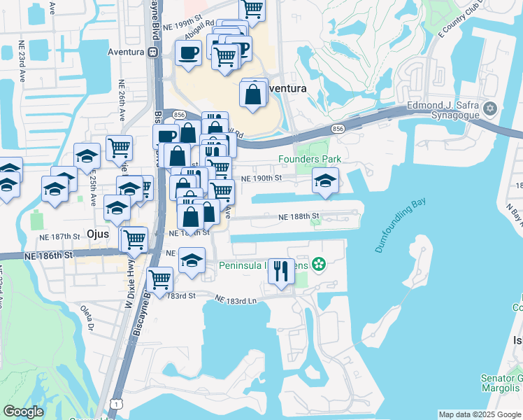 map of restaurants, bars, coffee shops, grocery stores, and more near 3029 Northeast 188th Street in Miami