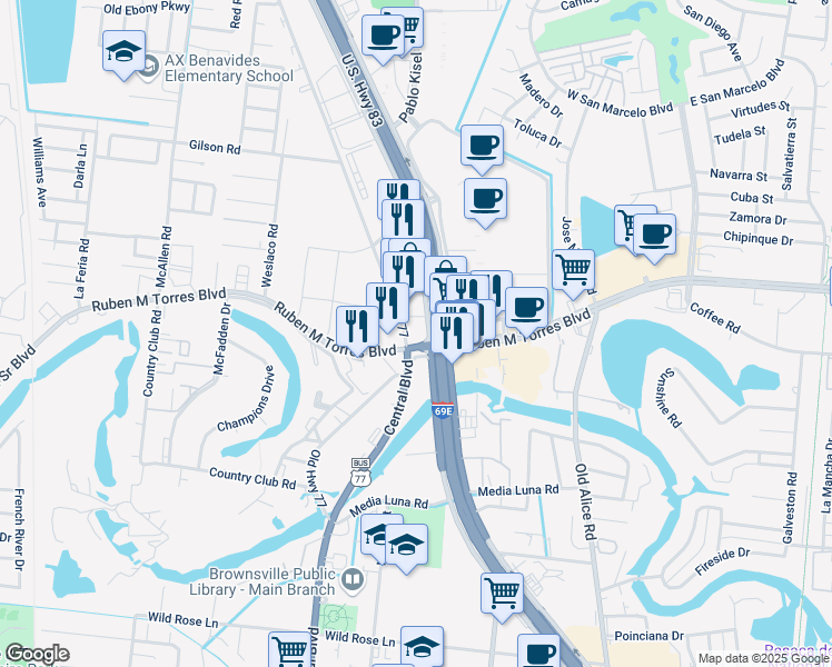 map of restaurants, bars, coffee shops, grocery stores, and more near 650 Ruben M Torres Boulevard in Brownsville