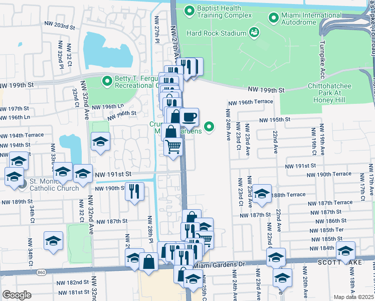 map of restaurants, bars, coffee shops, grocery stores, and more near 19261 Northwest 27th Avenue in Miami Gardens