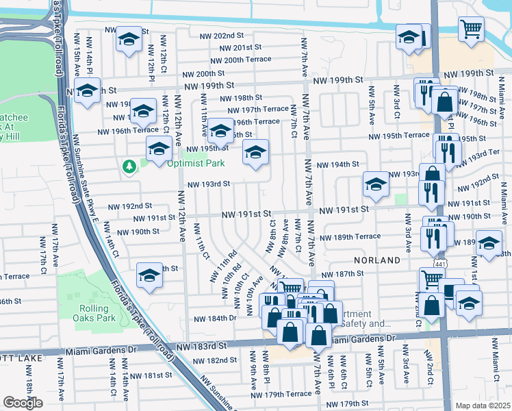 map of restaurants, bars, coffee shops, grocery stores, and more near 19120 Northwest 9th Avenue in Miami