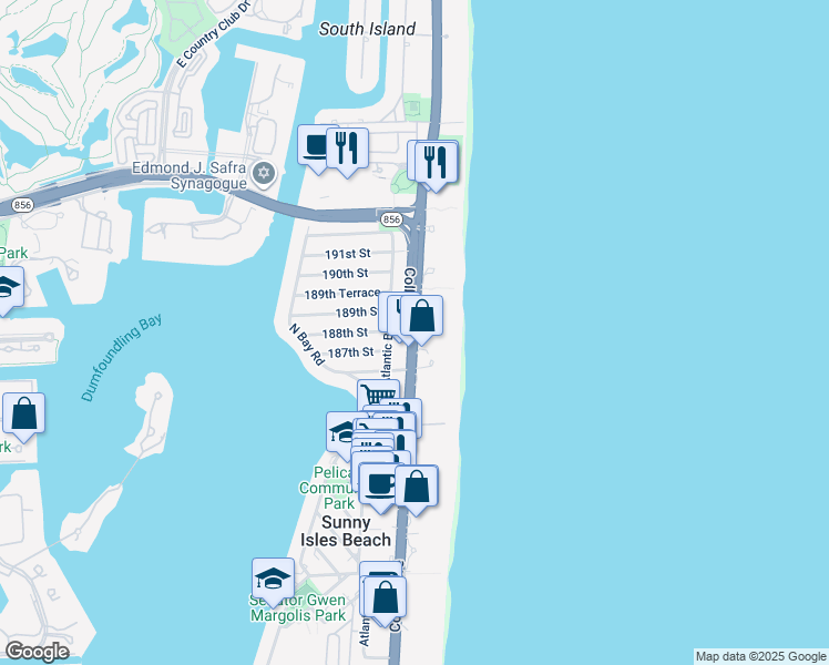 map of restaurants, bars, coffee shops, grocery stores, and more near in Sunny Isles Beach