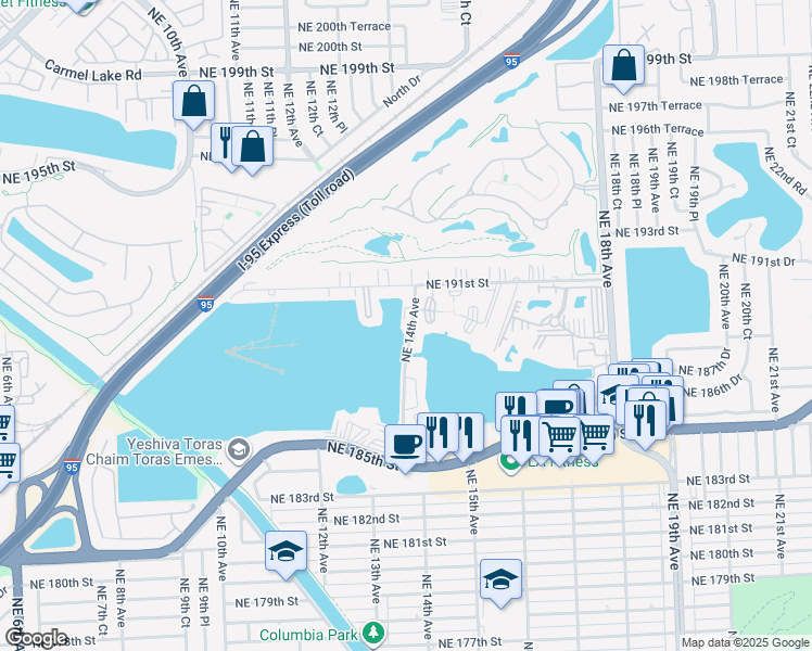 map of restaurants, bars, coffee shops, grocery stores, and more near 18900 Northeast 14th Avenue in North Miami Beach