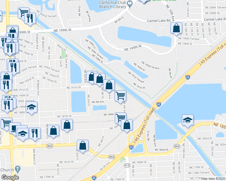 map of restaurants, bars, coffee shops, grocery stores, and more near 496 Northeast 191st Street in Miami