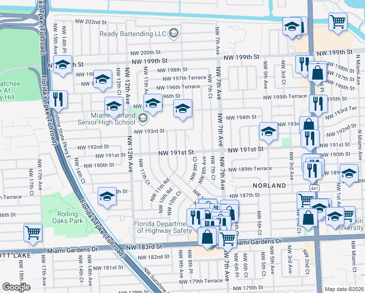 map of restaurants, bars, coffee shops, grocery stores, and more near 19120 Northwest 9th Avenue in Miami