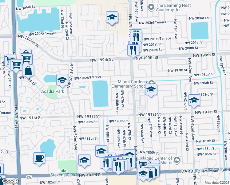 map of restaurants, bars, coffee shops, grocery stores, and more near 19413 Northwest 48th Avenue in Miami Gardens