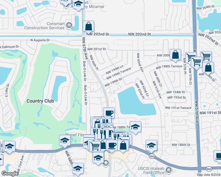 map of restaurants, bars, coffee shops, grocery stores, and more near 19879 Northwest 65th Court in Hialeah