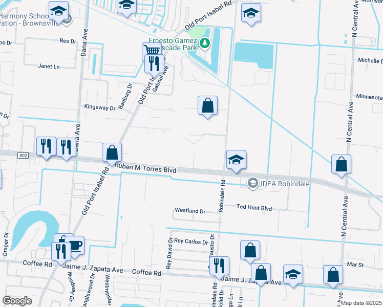 map of restaurants, bars, coffee shops, grocery stores, and more near 3721 East Ruben M Torres Boulevard in Brownsville