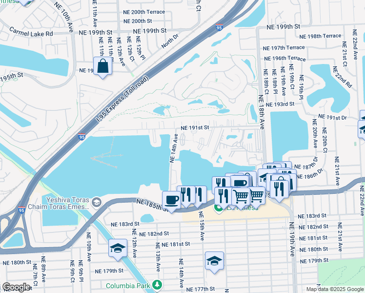 map of restaurants, bars, coffee shops, grocery stores, and more near 19001 Northeast 14th Avenue in Miami