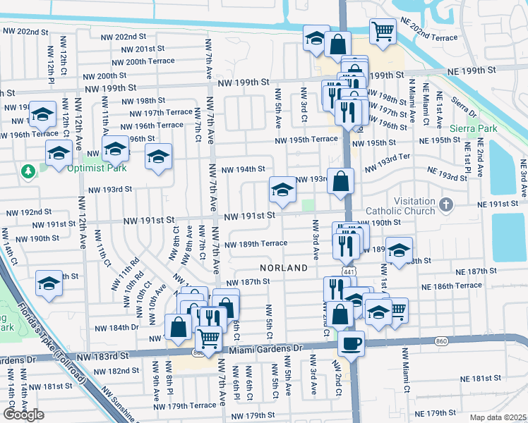 map of restaurants, bars, coffee shops, grocery stores, and more near 19121 Northwest 5th Place in Miami