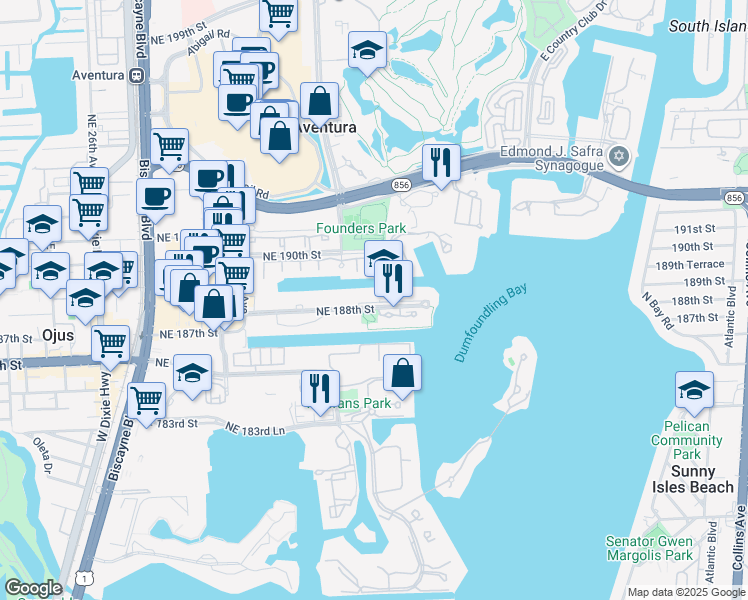 map of restaurants, bars, coffee shops, grocery stores, and more near 3205 Northeast 188th Street in Miami