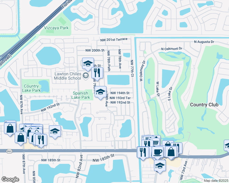 map of restaurants, bars, coffee shops, grocery stores, and more near 7852 Northwest 194th Terrace in Hialeah