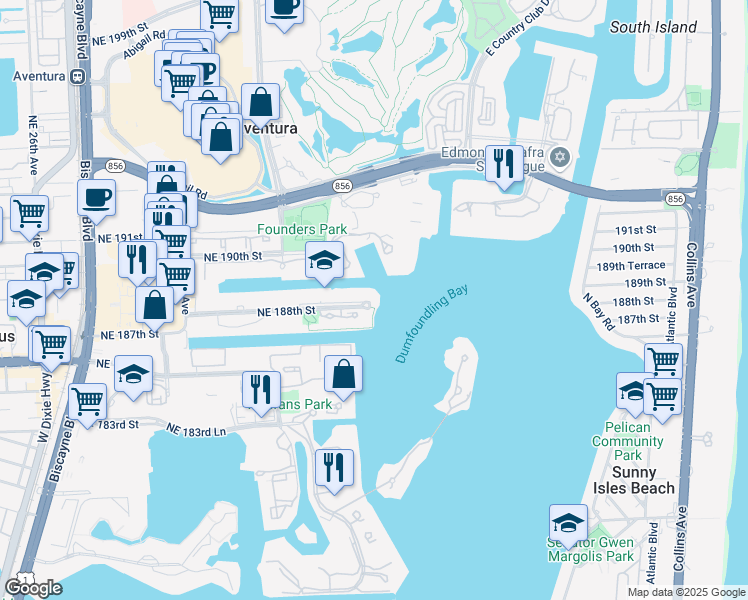 map of restaurants, bars, coffee shops, grocery stores, and more near 3385 Northeast 188th Street in Aventura