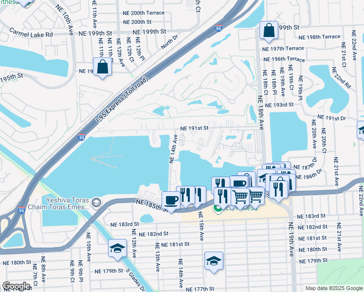 map of restaurants, bars, coffee shops, grocery stores, and more near 19001 Northeast 14th Avenue in Miami