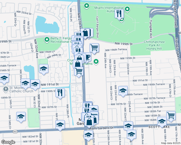 map of restaurants, bars, coffee shops, grocery stores, and more near 19371 Northwest 27th Avenue in Miami Gardens