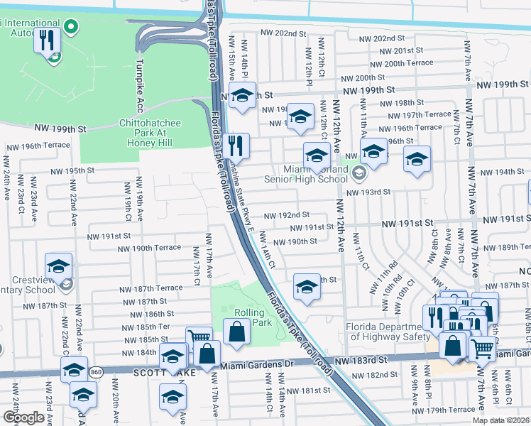 map of restaurants, bars, coffee shops, grocery stores, and more near 1425 Northwest 192nd Street in Miami