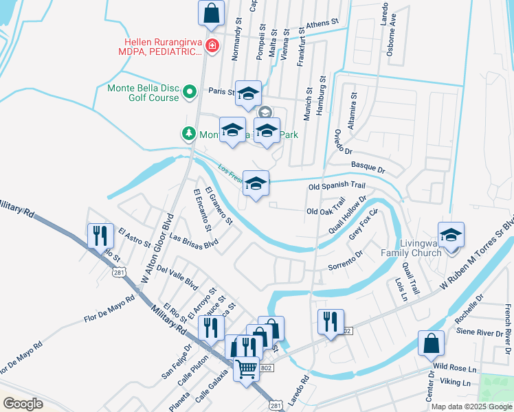 map of restaurants, bars, coffee shops, grocery stores, and more near 2500 West Alton Gloor Boulevard in Brownsville