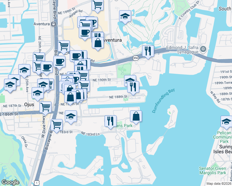 map of restaurants, bars, coffee shops, grocery stores, and more near 3131 Northeast 188th Street in Miami