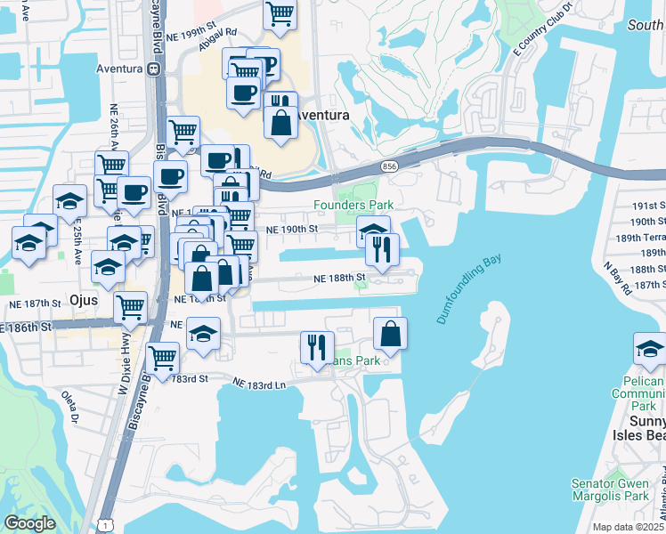map of restaurants, bars, coffee shops, grocery stores, and more near 3131 Northeast 188th Street in Miami