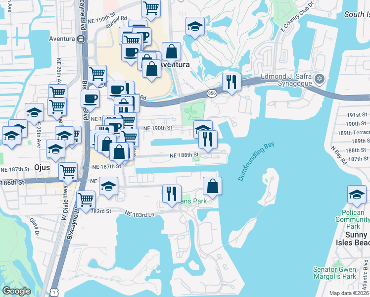 map of restaurants, bars, coffee shops, grocery stores, and more near 3205 Northeast 188th Street in Miami
