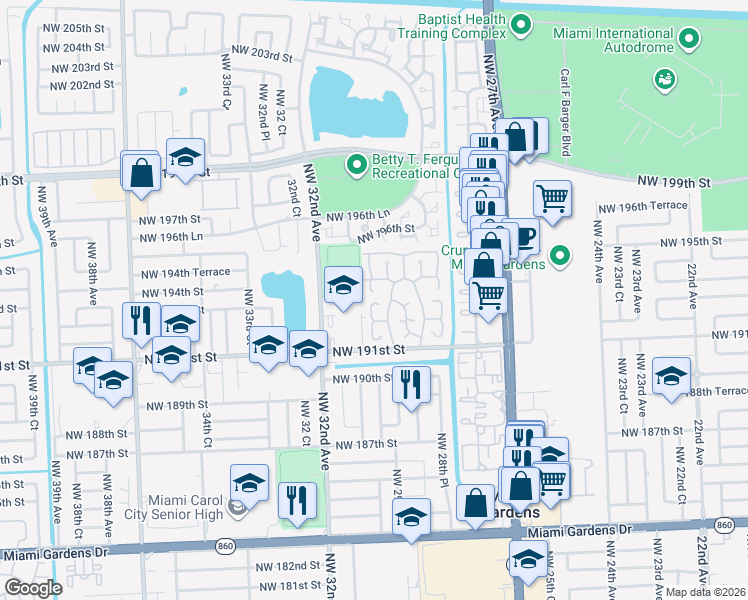 map of restaurants, bars, coffee shops, grocery stores, and more near 2983 Northwest 193rd Terrace in Miami Gardens